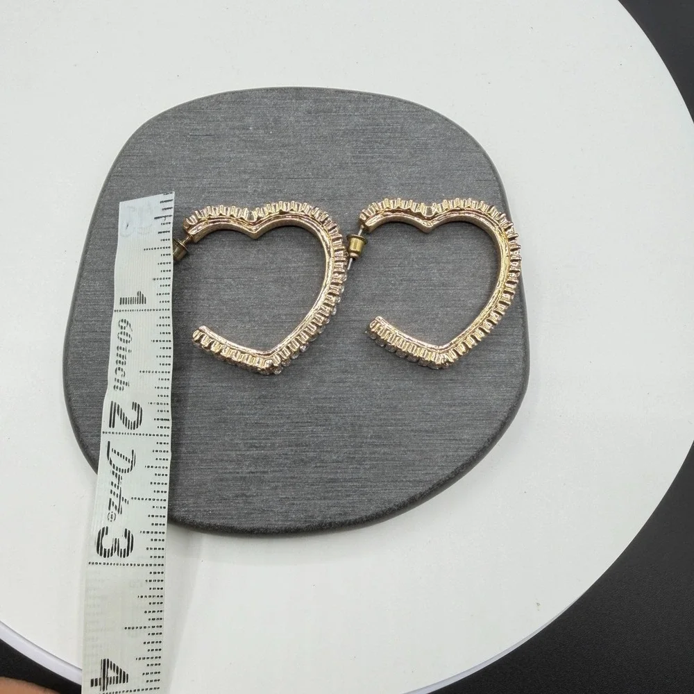 Gold Tone Crystal Baguette Heart Hoop Earrings Statement Romantic Gift for Her